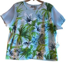 Caribbean Joe Woman Plus 2X Blue Floral Chiffon Rolled Hem Short Sleeves NWT NEW